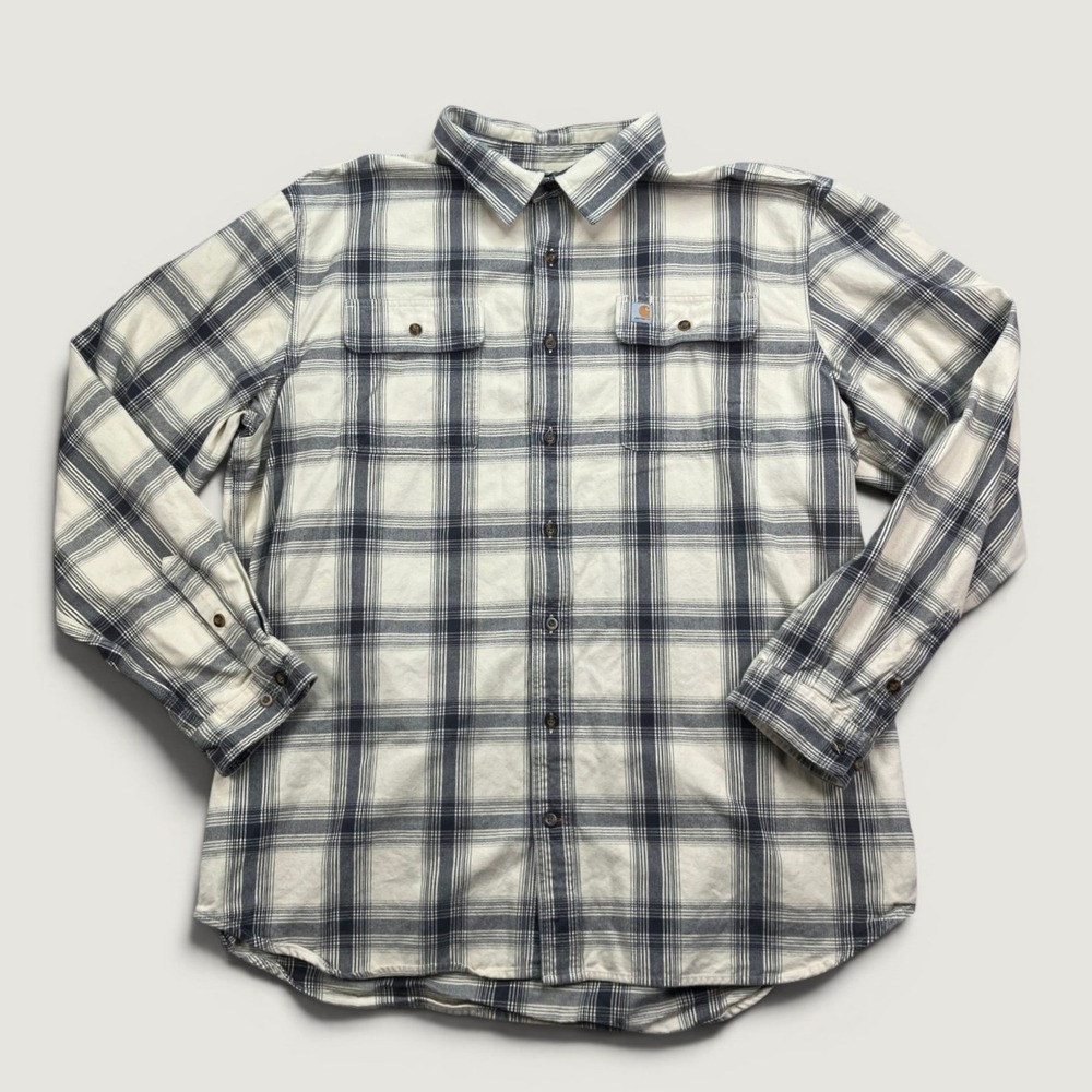 Carhartt Mens 2XL Tall Button Up Cream Plaid Flannel Original Fit Heavyweight